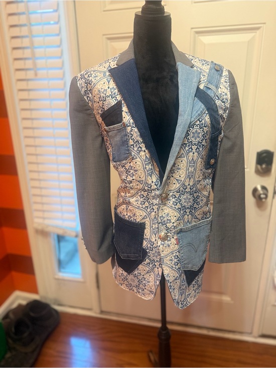 crown & ivy Jackets & Blazers - Crown & Ivy Gray Blazer with Blue Paisley and Denim Patchwork - Men’s Blazer